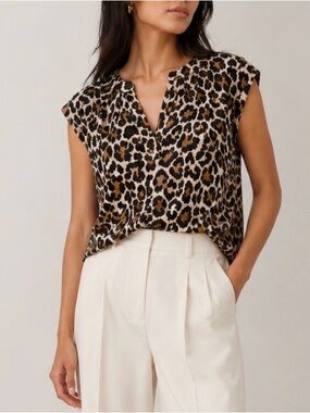 J.Crew 100% Silk Blouse Leopard Print Cap Sleeve Brown Womens 00